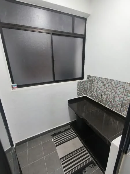 Laundry features: black granite countertop, mosaic tile backsplash, grey ceramic tile flooring, single window with black frame, open shelving below countertop, striped area rug, white painted walls; style: modern.
