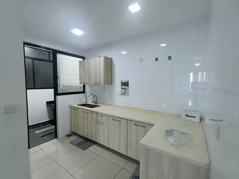 Kitchen features: light wood cabinetry, cream countertop, single-bowl stainless-steel sink, chrome pull-down faucet, white tiled walls, ceramic tile flooring, recessed LED downlights, window with black frame, door leading to outdoor area, kitchen appliances visible; style: modern.