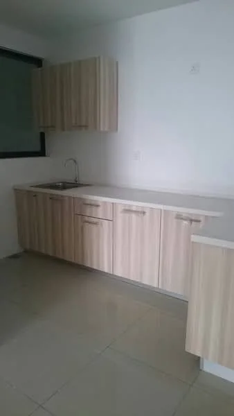 Kitchen features: laminate cabinetry in light wood finish, white countertop, single-bowl stainless-steel sink, chrome pull-down faucet, ceramic tile flooring, white painted walls, window with black frame, under-cabinet lighting; style: modern.