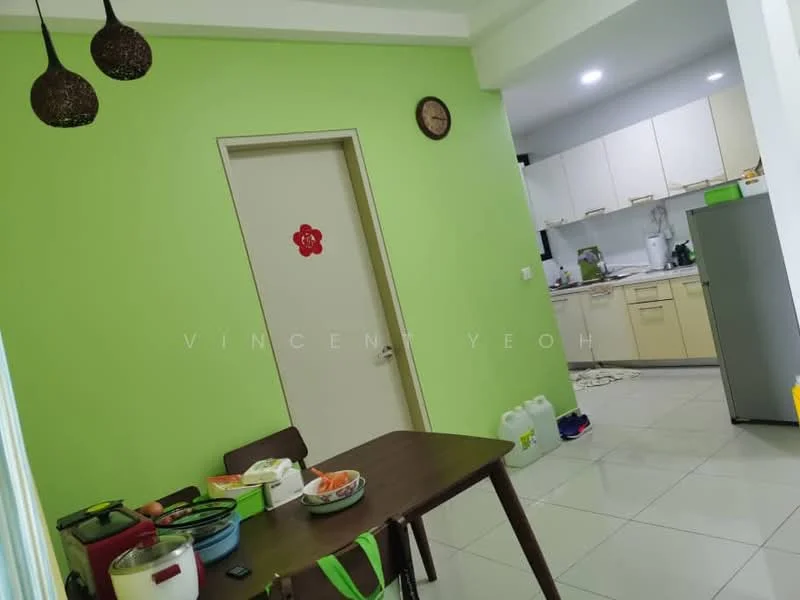 Kitchen features: green painted walls, white cabinetry, stainless-steel fridge, ceramic tile flooring, dining table, wooden dining chairs, wall clock, kitchen utensils on table, sink, countertop, open layout to living area; style: modern. Room features: white door, decorative wall sticker.