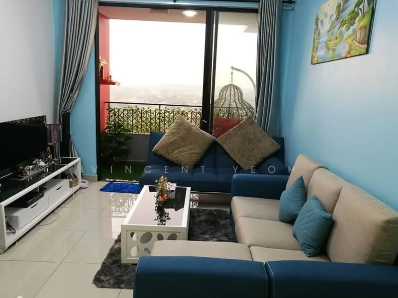 Living features: blue painted walls, white tiled flooring, 3-seater fabric sofa in blue and beige, decorative cushions, white coffee table, area rug with geometric pattern, wall-mounted TV, TV console with storage, floor-to-ceiling windows, curtains, view of city skyline; style: modern; view: city.