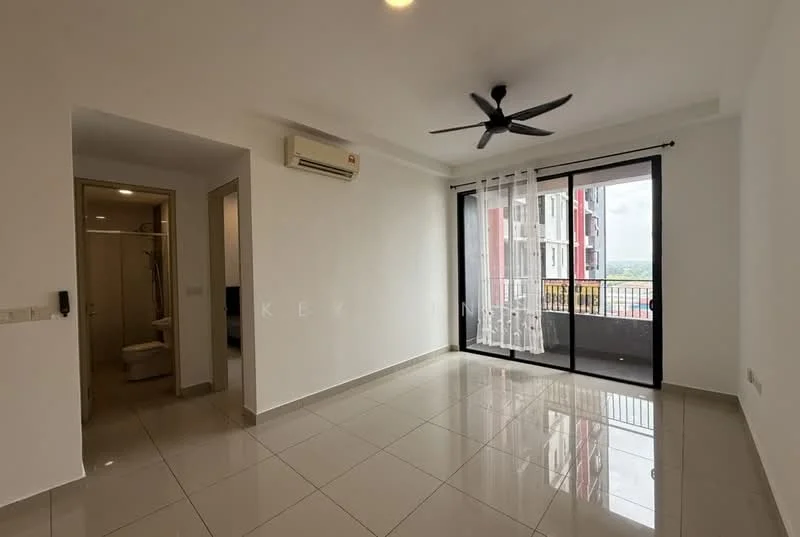 Living features: white painted walls, glossy ceramic tile flooring, 5-blade ceiling fan with light, floor-to-ceiling sliding glass door, sheer curtains, air conditioning unit, balcony access, natural light from large window; style: modern; view: city. Room features: white painted walls, glossy ceramic tile flooring, door leading to bathroom, door leading to hallway.