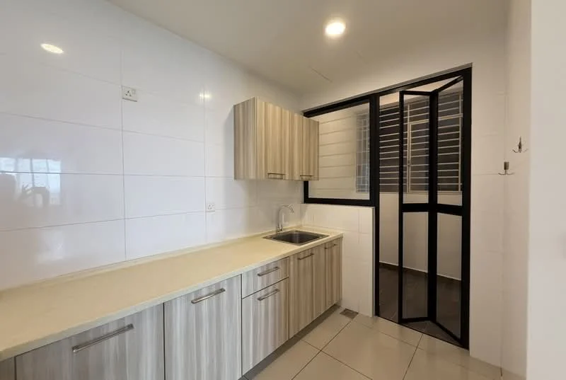 Kitchen features: light wood cabinetry, white countertop, single-bowl stainless-steel sink, chrome pull-down faucet, ceramic tile flooring, white tiled walls, sliding glass door, window with horizontal slats; style: modern.