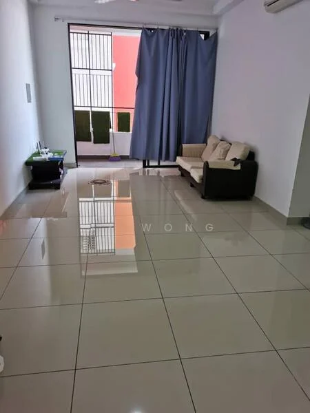 Living features: cream painted walls, glossy ceramic tile flooring, floor-to-ceiling windows, sliding glass door, sheer curtains, 3-seater fabric sofa in beige, coffee table, air conditioning unit on wall, decorative wall clock; style: modern; view: garden.