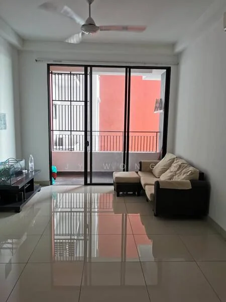 Living features: white painted walls, glossy tile flooring, 5-blade ceiling fan, sliding glass door, floor-to-ceiling windows, sofa with cushions, coffee table, decorative wall art; style: modern.