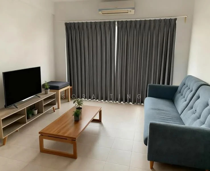 Living features: grey fabric sofa, wooden coffee table, TV console with open shelving, wall-mounted TV, floor-to-ceiling windows, grey curtains, light-colored tiled flooring, air conditioning unit; style: modern.