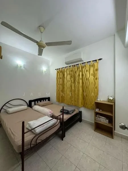 Bedroom features: two single beds with beige bedding, wooden bed frames, yellow patterned curtains, ceiling fan, wall-mounted lights, air conditioning unit, tiled flooring, wooden shelving unit, decorative items on shelf.