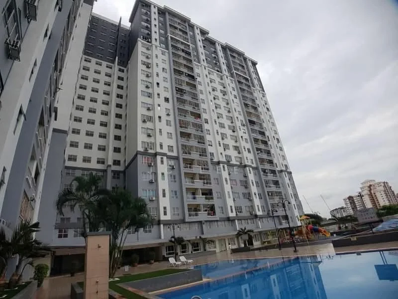 Exterior type: high-rise condominium; features: glass curtain wall, white painted facade, grey accent panels, recessed balconies, approximately 15-storey high-rise, swimming pool deck, manicured landscaping, children's playground visible, outdoor seating area, palm trees in landscaping; style: modern.