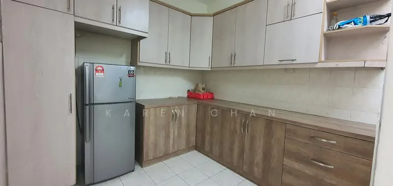 Kitchen features: stainless-steel fridge, laminate cabinetry in light wood finish, countertop in beige, ceramic tile flooring, white tiled backsplash, under-cabinet lighting, open shelving, built-in cabinets; style: modern.