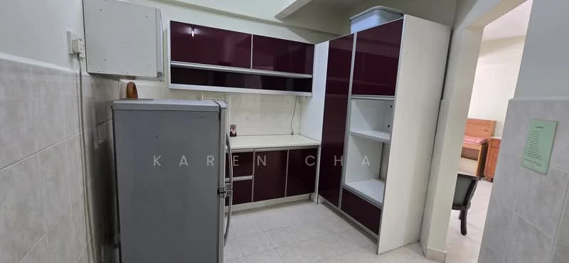 Kitchen features: grey fridge, purple cabinetry, white countertop, open shelving, tile flooring, wall-mounted cabinet, built-in storage, neutral wall colour; style: modern.