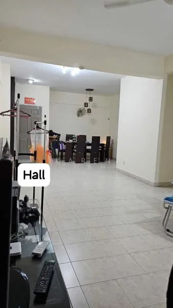Room features: tile flooring, white painted walls, ceiling lights, dining table with chairs, sofa, television unit, wall-mounted TV, open space layout, decorative ceiling fan, clothes rack, windows with natural light; style: modern.