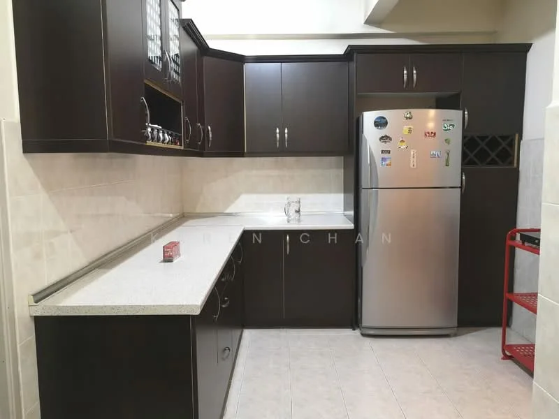 Kitchen features: dark wood cabinetry, grey granite countertop, stainless-steel fridge, built-in wine rack, single-bowl stainless-steel sink, chrome pull-down faucet, ceramic tile backsplash, light grey ceramic tile flooring, recessed downlights, open shelving, kitchen cart, wall-mounted cabinet with glass doors; style: modern.