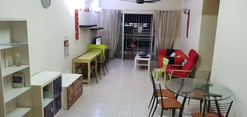 Living features: white painted walls, ceramic tile flooring, 5-blade ceiling fan, sofa in red, coffee table, TV console, wall-mounted TV, dining table with 4 chairs, open shelving unit, curtains, balcony door, decorative wall art; style: modern.