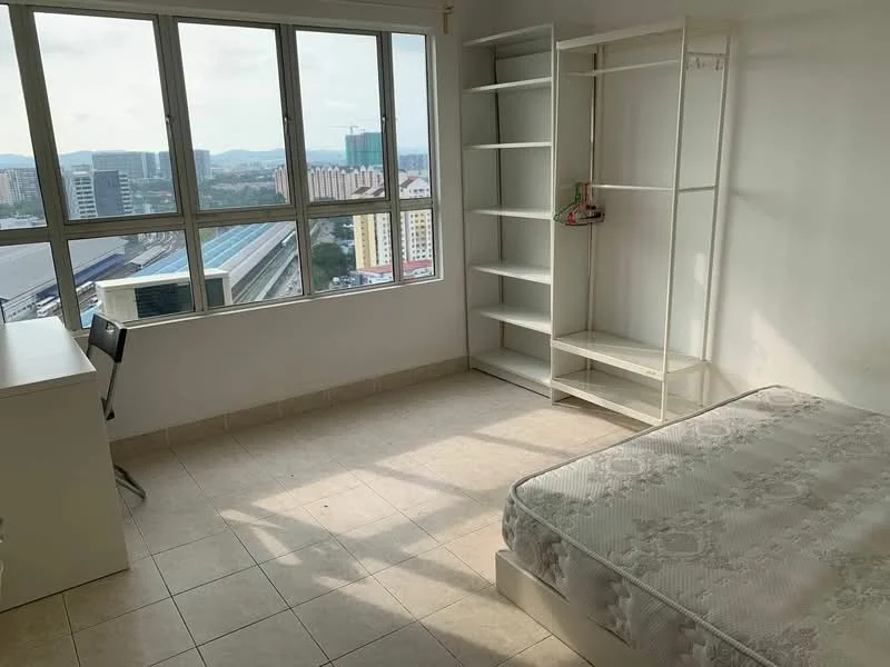 Bedroom features: floor-to-ceiling windows, white painted walls, tile flooring, single bed frame, mattress, built-in shelving unit, study desk, office chair, city view; style: minimalist; view: city.