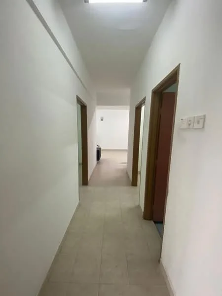 Hallway features: white painted walls, tile flooring, recessed ceiling lights, wooden door frames, two visible doorways, neutral color scheme, no visible decor; style: modern.