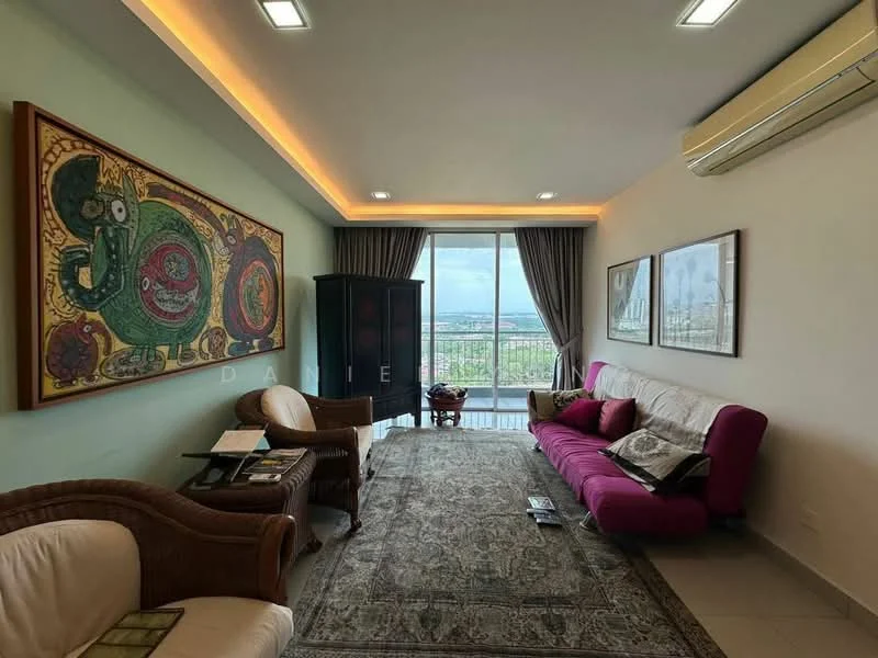 Living features: sofa in pink fabric, 3-seater cream fabric sofa, wooden armchair, area rug with intricate pattern, wall-mounted air conditioning unit, floor-to-ceiling windows, curtains in grey, decorative wall art with colorful patterns, wooden cabinet, coffee table, decorative plants; style: contemporary; view: city.