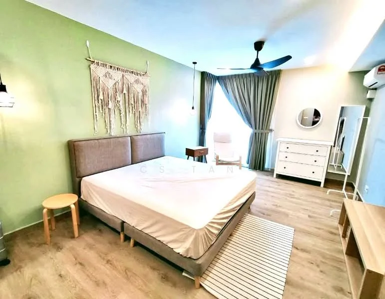 Bedroom features: queen-size bed, upholstered headboard, wooden flooring, green painted walls, ceiling fan, floor-to-ceiling window, sheer curtains, dressing table with mirror, white dresser, accent chair, area rug with striped pattern, decorative wall hanging; style: modern.