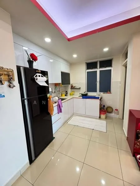 Kitchen features: white flat-panel cabinets, black refrigerator, stainless-steel sink, chrome pull-down faucet, white countertop, ceramic tile flooring, recessed LED downlights, window with white frame, kitchen towel, decorative plants, kitchen utensils, small appliances on countertop; style: modern.