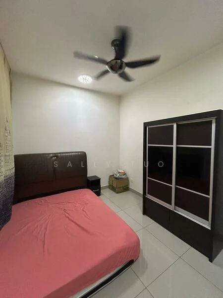 Bedroom features: queen-size bed with pink bedsheet, upholstered headboard, 2 bedside tables, ceiling fan with light, built-in wardrobe with sliding doors, white painted walls, tile flooring, window with curtain; style: modern.