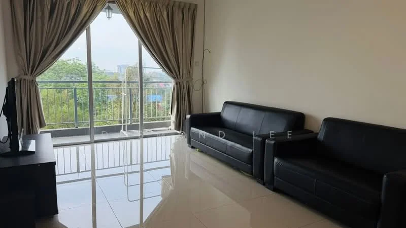 Living features: 2 black leather sofas, glass sliding door, floor-to-ceiling windows, curtains, polished tile flooring, TV console, wall-mounted TV, balcony access, view of greenery; style: modern; view: garden.