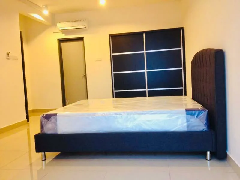 Bedroom features: queen-size bed, upholstered headboard, built-in wardrobe with sliding doors, wall-mounted split AC, white painted walls, glossy tile flooring, recessed ceiling lights, neutral color scheme; style: modern.