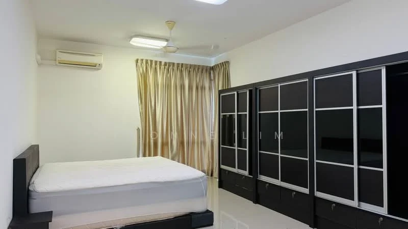 Bedroom features: queen-size bed, black wooden bed frame, built-in wardrobe with sliding glass doors, cream curtains, wall-mounted split AC, white painted walls, polished tile flooring, ceiling light fixture, ceiling fan; style: modern.