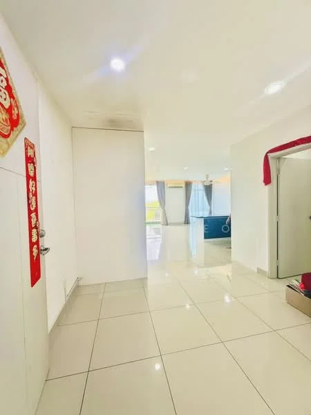 Room features: white painted walls, glossy tile flooring, recessed downlights, large windows with sheer curtains, open layout, doorway leading to another room, decorative wall hanging, corner storage area; style: modern.
