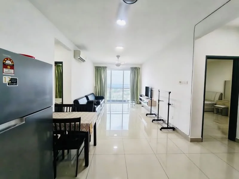 Living features: white painted walls, glossy tile flooring, 5-blade ceiling fan with light, floor-to-ceiling windows, green curtains, black leather sofa, coffee table, TV console, wall-mounted TV, dining table with chairs, refrigerator, air conditioning unit; style: modern; view: city. Room features: white painted walls, glossy tile flooring.