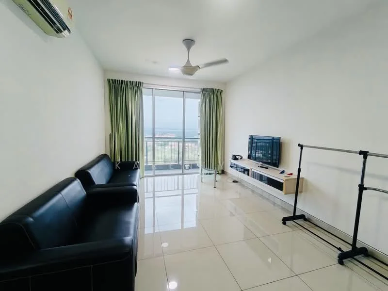 Living features: black leather sofa, wall-mounted TV, TV console, floor-to-ceiling windows, curtains in light green, white painted walls, glossy tile flooring, ceiling fan with light, sliding glass door, decorative shelving unit; style: modern; view: city.