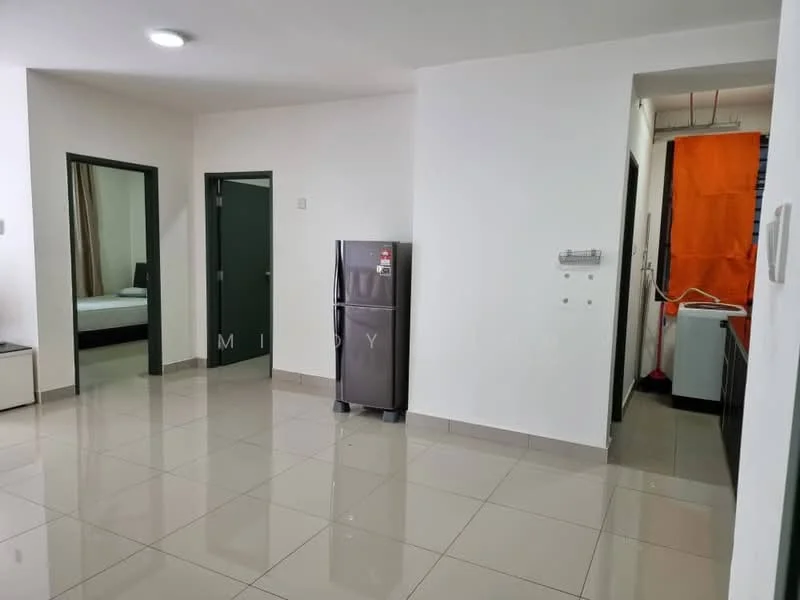 Room features: white painted walls, glossy tile flooring, refrigerator, door to bedroom, door to bathroom, open layout, kitchen area visible, window with curtain, light fixture in ceiling; style: modern.