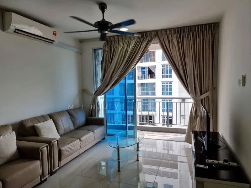 Living features: 3-seater fabric sofa in beige, glass coffee table, wall-mounted TV, floor-to-ceiling windows, sheer curtains, sliding glass door, wall-mounted split AC, glossy tile flooring, ceiling fan with light, decorative wall, neutral painted walls; style: modern; view: city.