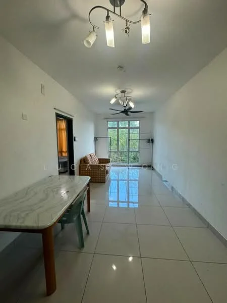 Living features: white painted walls, glossy tile flooring, 5-blade ceiling fan with light, recessed downlights, large sliding glass door, floor-to-ceiling windows, wooden dining table, upholstered armchair, green accent chair, natural light from windows; style: modern; view: garden.