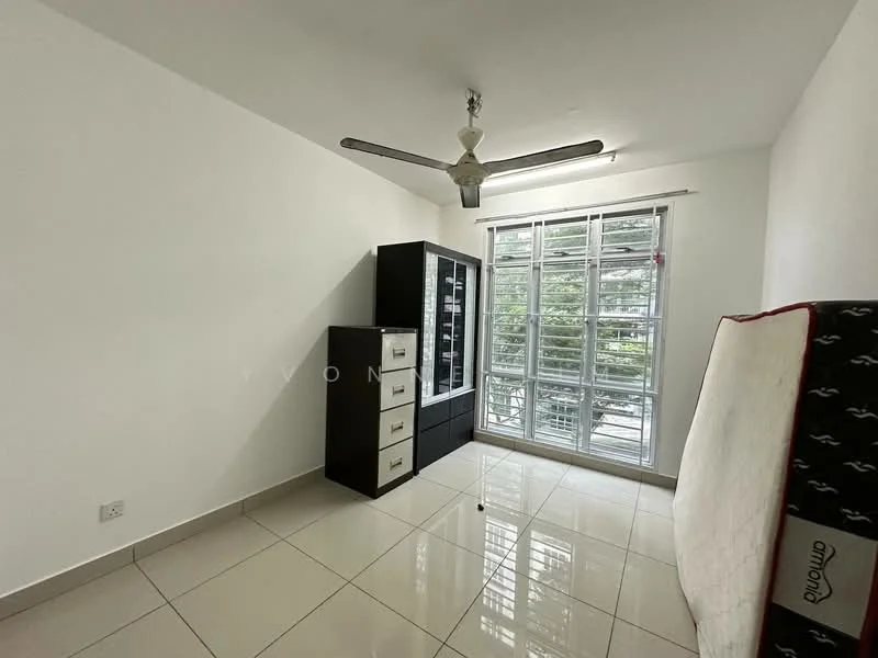 Room features: white painted walls, glossy ceramic tile flooring, 5-blade ceiling fan with light, large window with horizontal grilles, black storage cabinet, white dresser with drawers, mattress leaning against the wall; style: modern; view: garden.