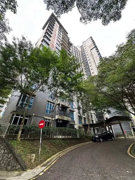 Exterior type: high-rise condominium; features: glass curtain wall, exposed concrete facade, recessed balconies, manicured landscaping, mature trees, driveway with interlocking pavers, covered parking, double-volume main lobby; style: modern.