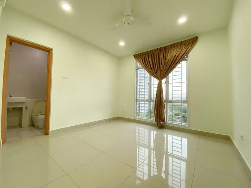 Room features: light green painted walls, glossy beige tile flooring, ceiling fan, floor-to-ceiling windows, sheer curtains, window view, doorway to bathroom, natural light; style: modern; view: city.