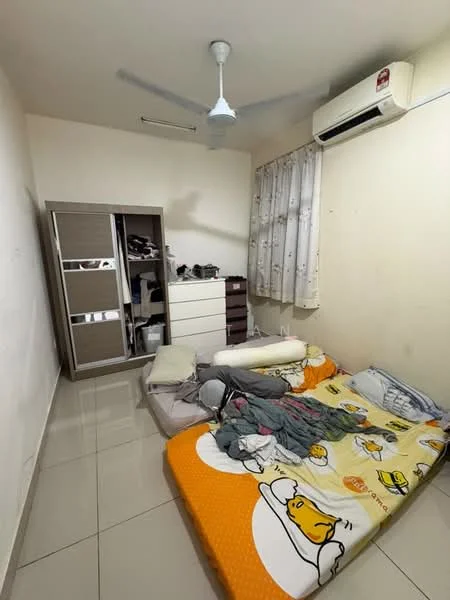 Bedroom features: white painted walls, glossy tile flooring, 5-blade ceiling fan, wall-mounted split AC, double wardrobe with sliding doors, chest of drawers, bed with colorful bedding, decorative curtains.