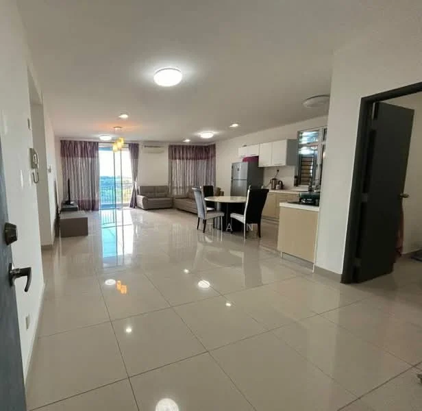 Living features: large floor-to-ceiling windows, grey fabric sofa, coffee table, TV console, wall-mounted TV, recessed ceiling lights, curtains with floral pattern, polished tile flooring; style: modern; view: city. Kitchen features: light wood cabinetry, stainless-steel fridge, built-in oven, 4-burner gas hob, single-bowl stainless-steel sink, chrome pull-down faucet, countertop with breakfast bar, tile backsplash; style: modern.