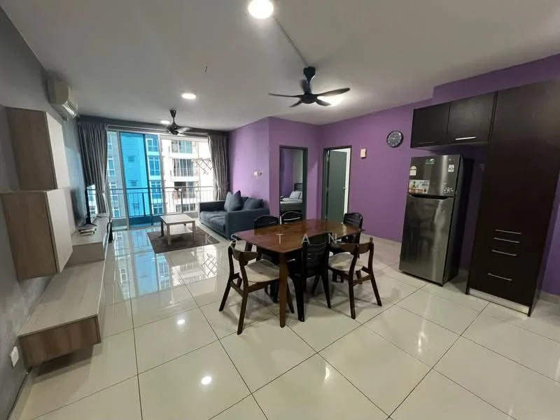Living features: purple accent wall, white painted walls, glossy tile flooring, 5-blade ceiling fan, sofa in grey, coffee table, TV console, wall-mounted TV, dining table with 6 chairs, refrigerator, open layout, floor-to-ceiling windows, curtains; style: modern; view: city. Room features: door leading to hallway, door leading to bathroom.