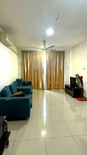 Living features: 3-seater fabric sofa in teal, floor-to-ceiling windows, golden curtains, wall-mounted TV, TV console, ceiling fan, recessed downlights, glossy tile flooring, air conditioning unit, decorative wall, area rug; style: modern.