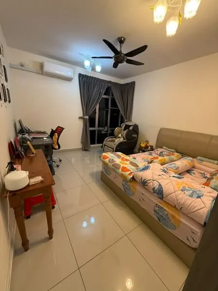 Bedroom features: king-size bed with patterned bedding, 2 bedside lamps, wooden bedside table, study desk with chair, floor-to-ceiling window with sheer curtains, wall-mounted split AC, 5-blade ceiling fan with light, decorative wall art, tile flooring, grey curtains, plush chair, stuffed toys; style: modern; view: city.