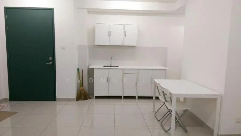 Kitchen features: white cabinetry, single-bowl stainless-steel sink, chrome pull-down faucet, white countertop, tile backsplash, ceramic tile flooring, wall-mounted broom, table with four chairs, green door, white walls, recessed lighting; style: modern.