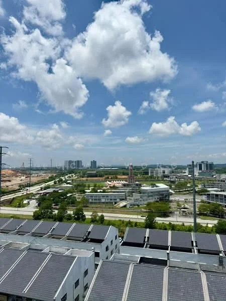 Exterior features: solar panels on rooftops, urban landscape, city skyline in background, greenery in surrounding area, high-rise buildings in distance, open sky with clouds; style: modern.