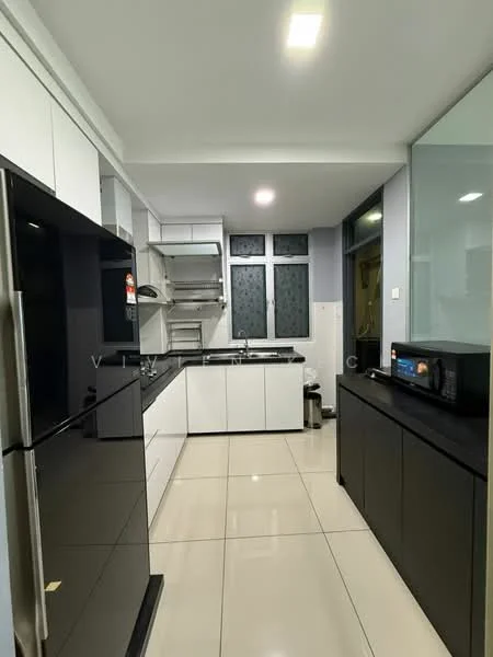 Kitchen features: black and white cabinetry, stainless-steel fridge, built-in oven, 4-burner gas hob, stainless-steel range hood, microwave, white quartz countertop, ceramic tile flooring, recessed LED downlights, floor-to-ceiling windows, sink with chrome faucet, open shelving, glass panel wall; style: modern.