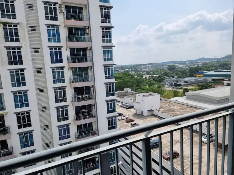 Exterior type: high-rise condominium; features: glass curtain wall, balconies with glass railings, white painted facade, surrounded by greenery, view of parking area, urban landscape in background; style: modern.