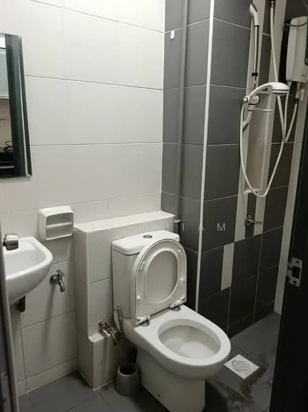 Bathroom features: white ceramic toilet, single-sink vanity with mirror, chrome basin mixer faucet, shower with handheld showerhead, tile cladding on walls, grey and white tiled flooring, wall-mounted water heater, soap dispenser, toilet paper holder; style: modern.