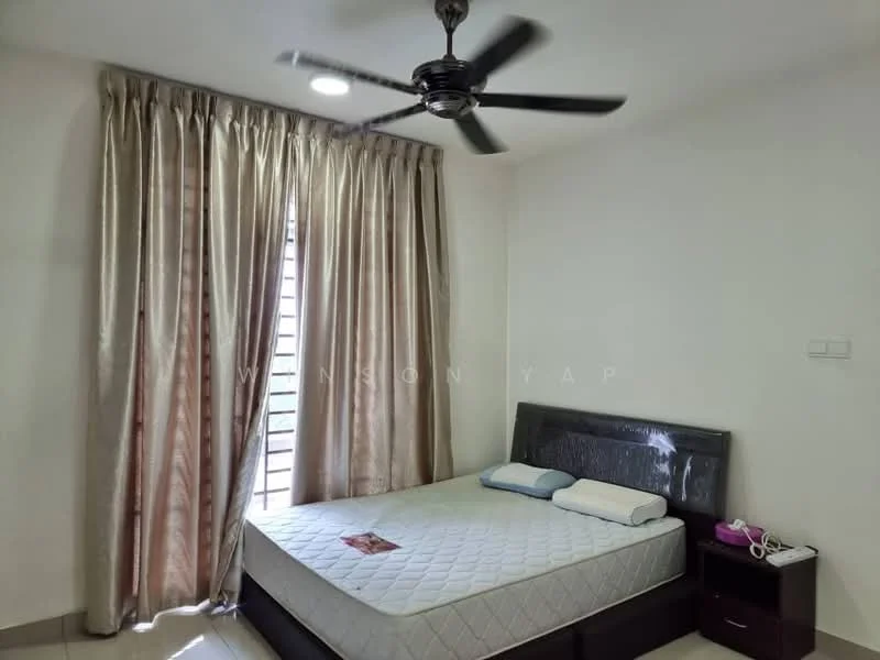Bedroom features: queen-size bed, upholstered headboard, 2 pillows, bedside table, table lamp, ceiling fan, floor-to-ceiling window, curtains, light-colored walls, tile flooring; style: modern.