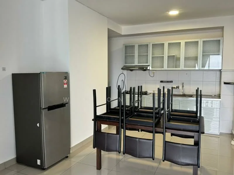 Kitchen features: grey stainless-steel fridge, white tiled backsplash, white upper cabinets with mesh doors, stainless-steel sink, wall-mounted range hood, ceramic tile flooring, recessed downlights, countertop with space for appliances; style: modern.