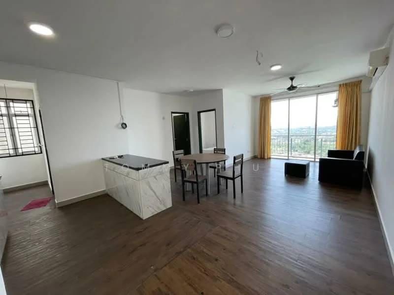 Living features: laminate flooring, floor-to-ceiling windows, sliding glass door, ceiling fan, sofa in black, dining table with four chairs, marble countertop on kitchen island, curtains in yellow, wall-mounted AC unit, decorative wall light; style: modern; view: city. Kitchen features: marble countertop, kitchen island, open layout, built-in cabinetry; style: modern. Room features: white painted walls, door leading to hallway.
