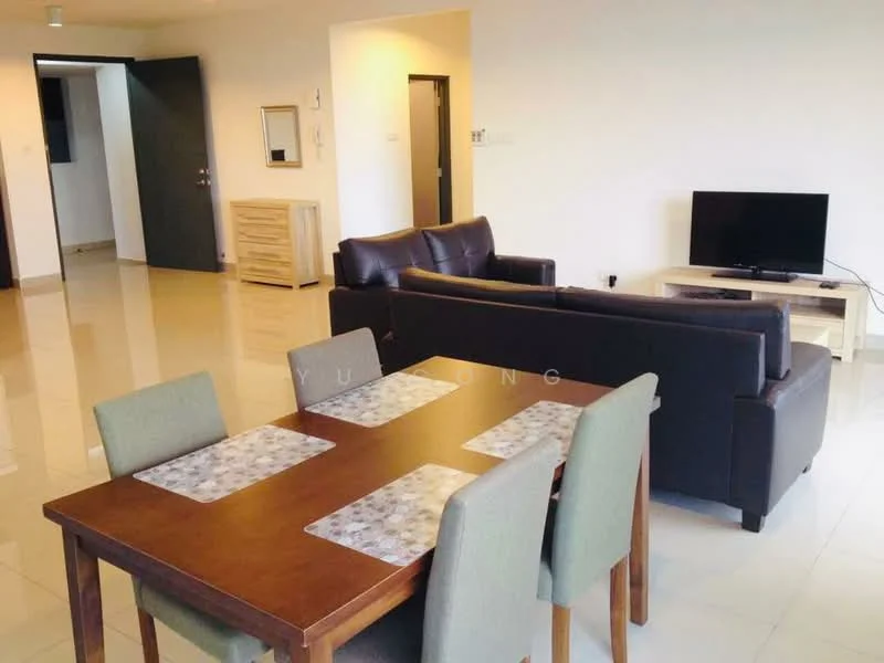 Living features: 3-seater fabric sofa in dark brown, coffee table, TV console, wall-mounted TV, area rug, cream painted walls, tile flooring, recessed downlights, dining table with 4 upholstered chairs, open layout, large windows, neutral decor; style: modern.