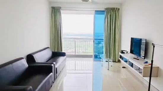 Living features: black leather 3-seater sofa, glass coffee table, wall-mounted TV, white TV console, floor-to-ceiling windows, curtains in light green, polished tile flooring, ceiling fan; style: modern; view: city.
